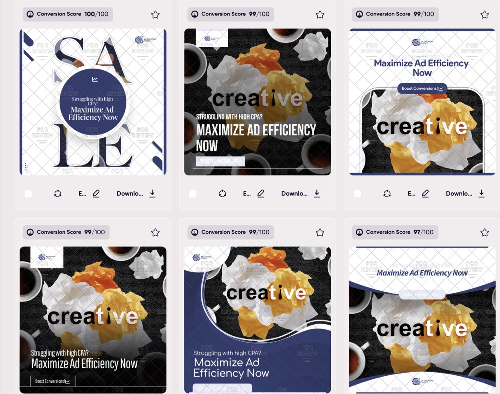 AdCreative.ai dashboard showing 100+ generated ad creatives